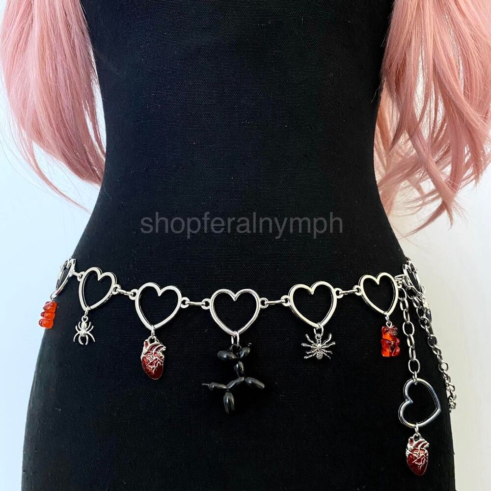 Y2K Mall Goth Bleeding Heart Handmade Chain Belt, Fits 26-45 Inches, X7GA1418